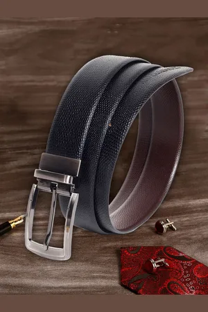 MUTAQINOTI Men Black Textured Reversible Leather Belt