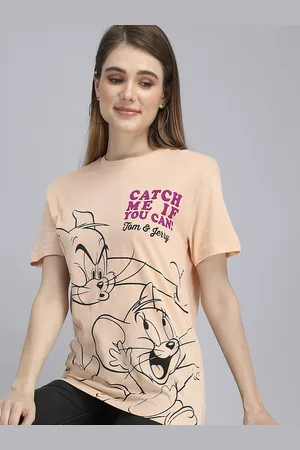 Free Authority Women Tom & Jerry Beige Cotton Printed T-shirt