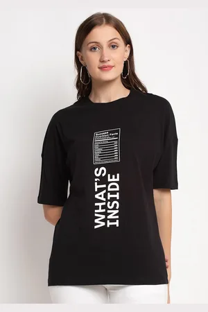DOOR74 Women Black & White Typography Printed Drop-Shoulder Sleeves Boxy T-shirt