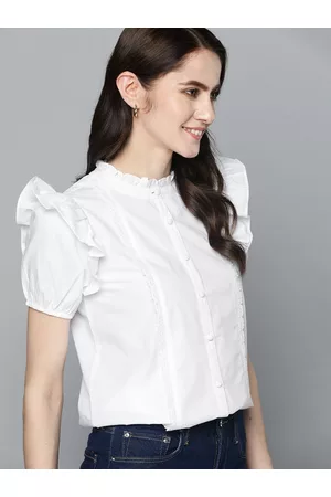 Mast & Harbour White Solid Pure Cotton Puff Sleeve Shirt Style Top With Lace Insert Detail