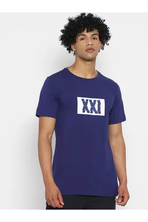 Forever 21 Men Blue Printed Round Neck T-shirt