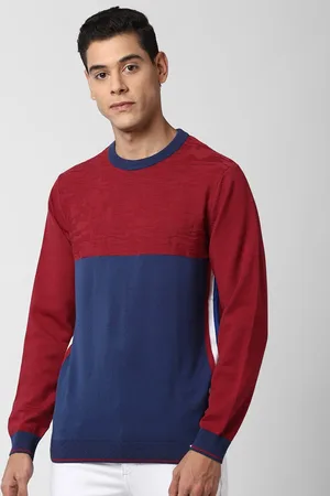 Peter England Men Maroon & Blue Colourblocked Cotton Pullover