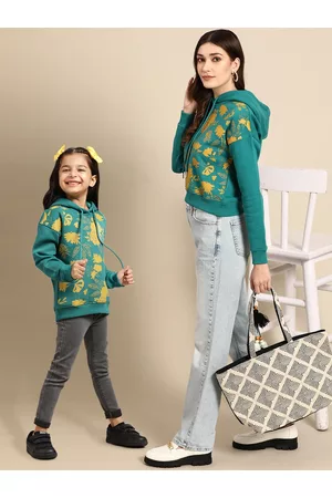Sangria Women Green & Mustard Yellow Printed Drop- Shoulder Sleeves Hooded Sweatshirt