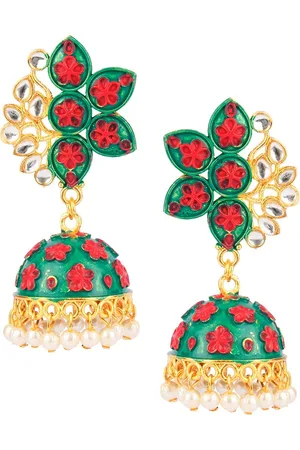 DESI COLOUR Gold-Toned & Green Dome Shaped Jhumkas