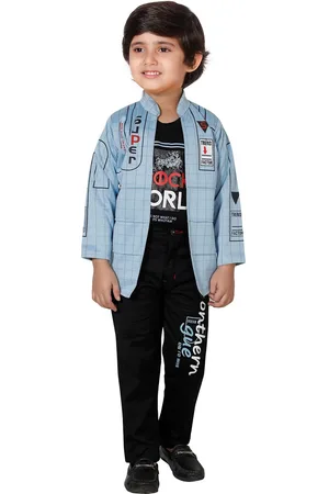 DKGF FASHION Boys Blue & Black Printed Shirt with Trousers