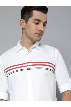 HERE&NOW Men White & Red Slim Fit Pure Cotton Horizontal Striped Casual Shirt