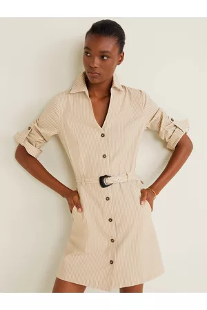 MANGO Women Casual Dresses - Women Beige & White Striped Shirt Dress