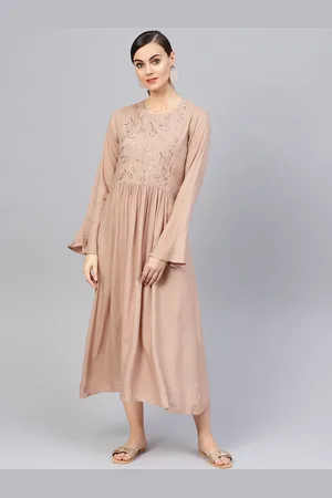 Indo Era Women Beige Embroidered Detail A-Line Dress