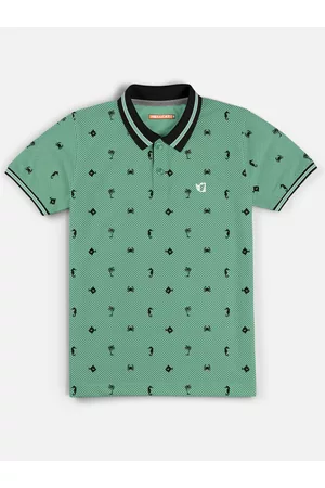 HELLCAT Boys Green Printed Polo Collar Bio Finish Applique T-shirt