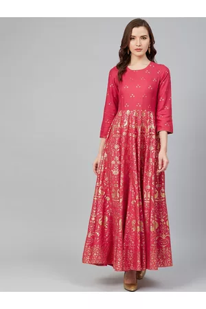 Rangriti Women Pink & Golden Printed Maxi Dress