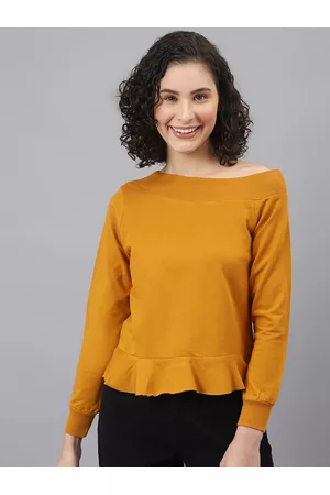 DEEBACO Women Mustard Yellow One-Shoulder Sweatshirt