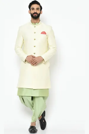 KISAH Men Off-White & Green Woven Design Indowestern Sherwani Set