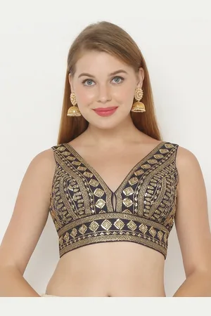 SALWAR STUDIO Women Navy Blue & Gold-Coloured Embroidered Padded Saree Blouse