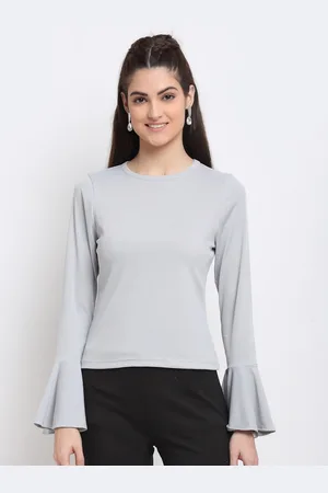 DOOR74 Women Grey Bell Sleeve T-shirt
