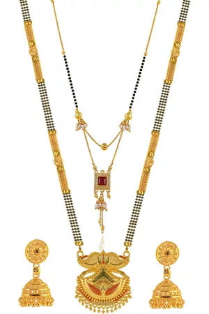 Brandsoon Set Of 2 Gold-Plated White & Red Stone-Studded & Black Beaded Mangalsutra With Earrings