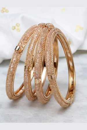 Shining Diva Set Of 4 Gold-Plated White Crystal-Studded Antique Bangles