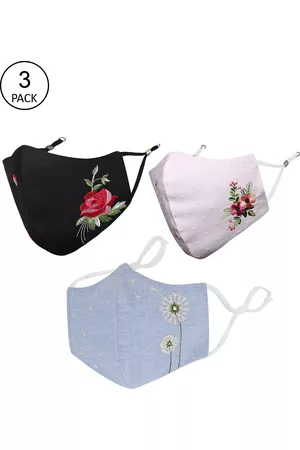 Masq Women Pack of 3 Embroidered 4-Ply Reusable Pure Cotton Cloth Masks