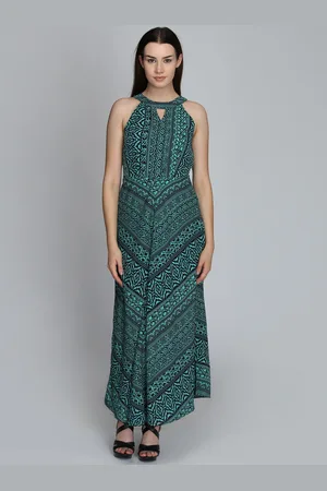 DODO & MOA Women Green & Black Printed Tie Up Crepe Maxi Dress
