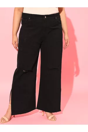 CURVY STREET Women Black Cotton Flared High-Rise Highly Distressed Jeans