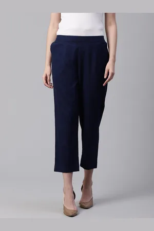 Divena World Women Navy Blue Slim Fit Solid Cropped Trousers