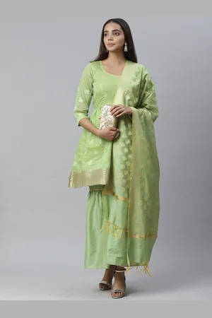 Chhabra 555 Women Green Woven Design Handloom Banarasi Kurta with Sharara & Dupatta