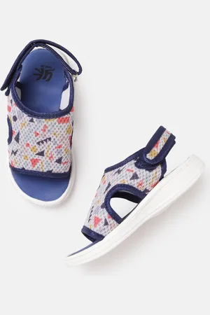 YK Girls White & Navy Blue Printed Sports Sandals