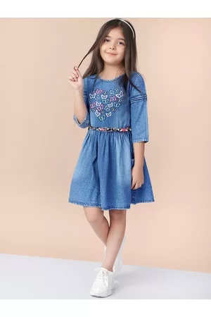 naughty ninos Girls Blue Printed Denim Fit and Flare Dress