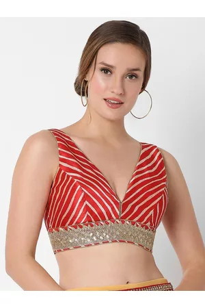 SALWAR STUDIO Women Red Embroidered Silk Saree Blouse