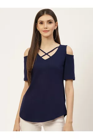BRINN Navy Blue Solid Cotton Top
