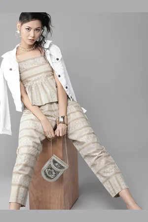 Indo Era Women Off-White & Beige Printed Pure Cotton A-line Top with Trousers