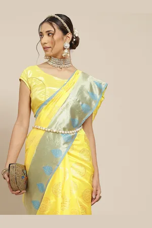 Warthy Ent Yellow & Blue Ethnic Motifs Zari Silk Blend Kanjeevaram Saree
