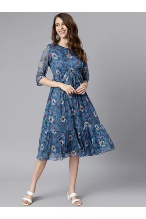 Janasya Blue & White Floral Print Georgette Fit & Flare Midi Dress