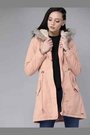 Roadster Peach-Coloured Antiviral Protective Finish Solid Hooded Longline Parka Jacket