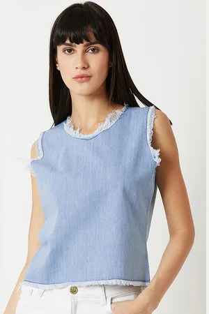 Miss Chase Women Blue Solid Denim Top