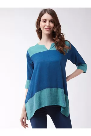InWeave Women Blue Colourblocked Pure Cotton A-Line Top