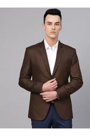 MANQ Men Brown Solid Slim Fit Single Breasted Party Blazer