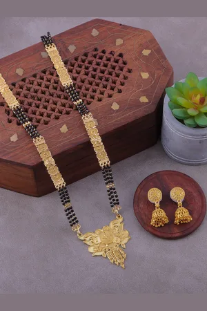 Brandsoon Gold-Plated Black Beaded Long Mangalsutra With Earrings