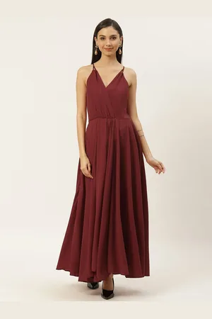 DODO & MOA Women Maroon Solid Shoulder Straps Maxi Dress