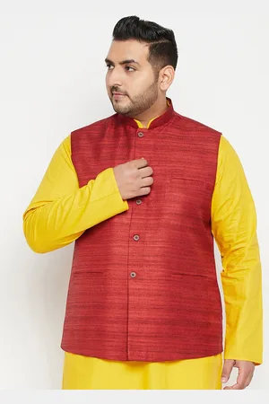 Vastramay Men Maroon Solid Bandhgala Woven Nehru Jacket