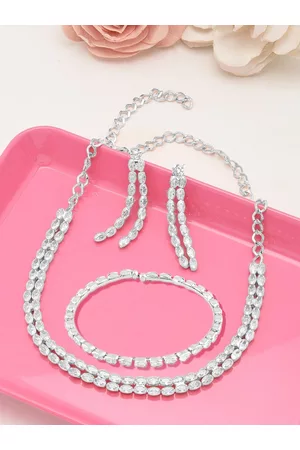 Zaveri Pearls Silver-Toned White CZ-Studded Jewellery Set
