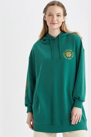 DeFacto Women Green Printed Longline Hooded Pullover