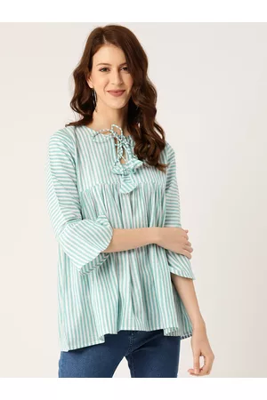 Cottinfab Women Sea Green & White Tie-Up Neck Striped A-Line Pure Cotton Top