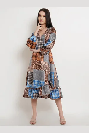 DODO & MOA Women Brown & Blue Checked Satin Midi Wrap Dress
