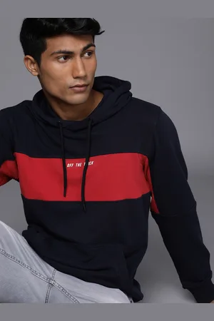 WROGN Men Navy Blue & Red Colourblocked Hooded Sweatshirt