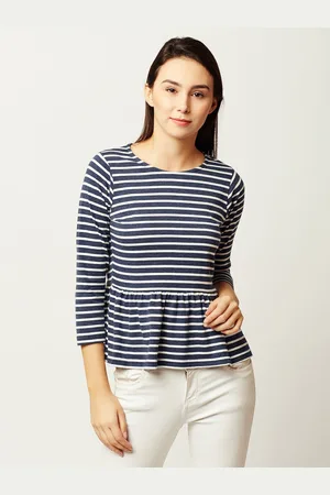 Miss Chase Women Navy Blue & White Striped Peplum Top