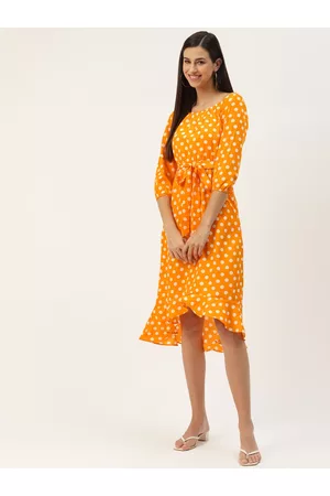 BRINN Mustard Yellow & White Printed A-Line Midi Dress