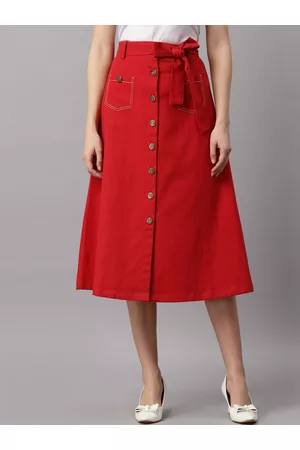 NEUDIS Women Red Cotton Twill Midi A-Line Skirt