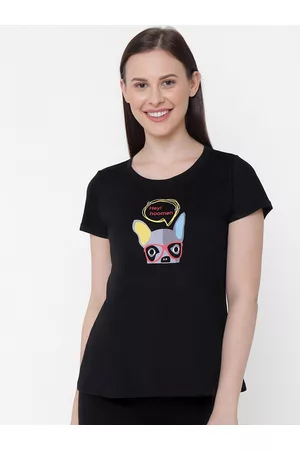 Soie Women Black Printed Lounge T-Shirt