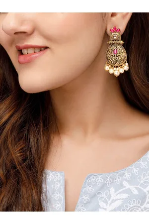 Rubans Women Gold-Toned & Pink Stone Studded Pearl Beaded Tear Drop Shaped Drop Earrings