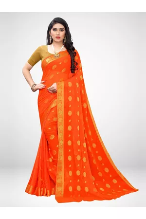 Kalini Orange & Gold-Toned Floral Zari Saree